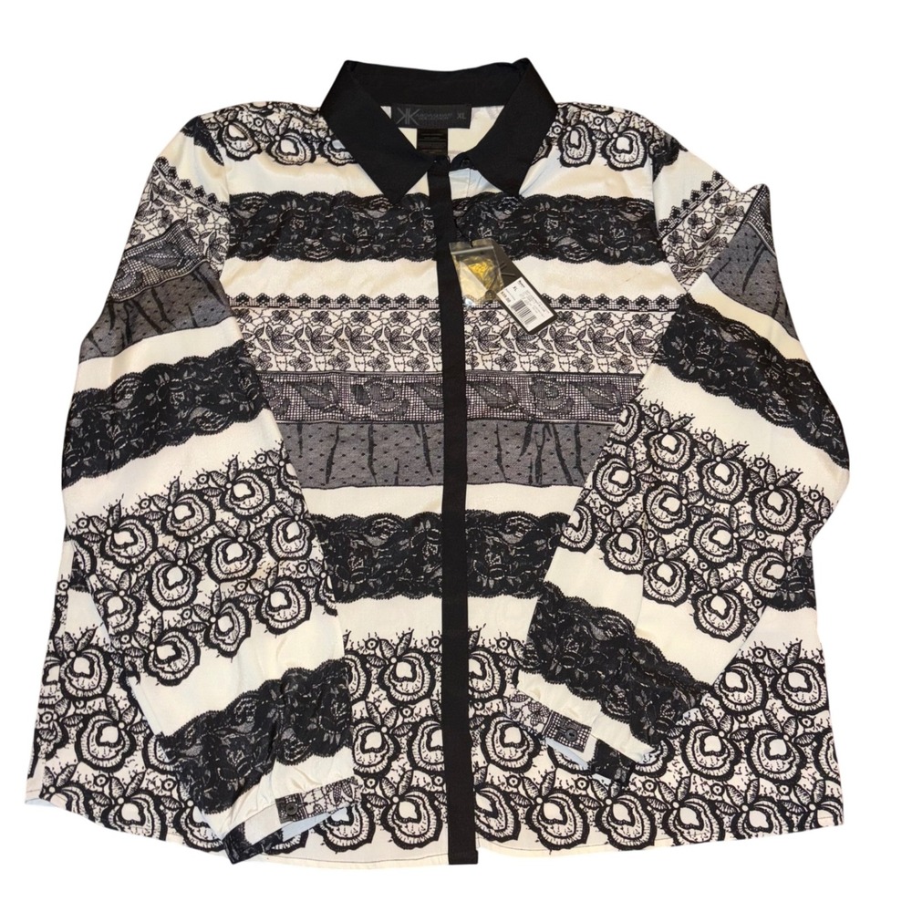 Kardashian Kollection Blouse |‎ XL | Black White Lace Print | Long Sleeve Top